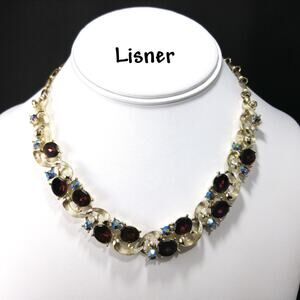 Vintage Lisner Purple Rhinestone AB Gold Tone Choker Necklace Signed